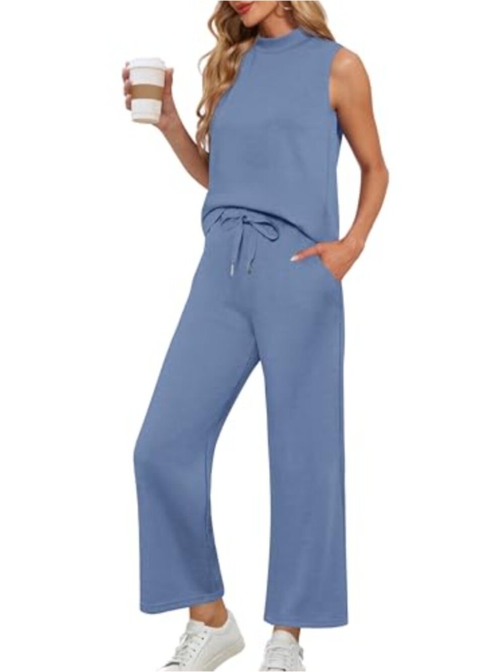 Two Piece Sets for Women Summer Mock Neck Sleeveless Top Wide Leg Pants Lounge